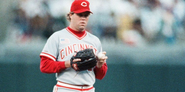 Tom Browning, of the Cincinnati Reds, pitches during the 1990 World Series against the Oakland Athletics at Oakland-Alameda County Coliseum in Oakland, California. 