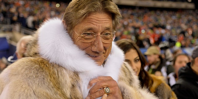 Joe Namath in a mink coat for the Super Bowl Coin Toss at MetLife Stadium on February 2, 2014 in East Rutherford, New Jersey.