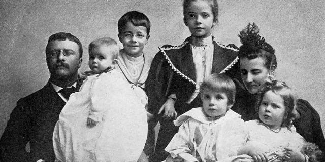 An 1895 family portrait of Theodore Roosevelt, his second wife Edith and his five children, including the eldest, Alice, in the rear. Archibald "Archie" Roosevelt is the baby in the president's arms.