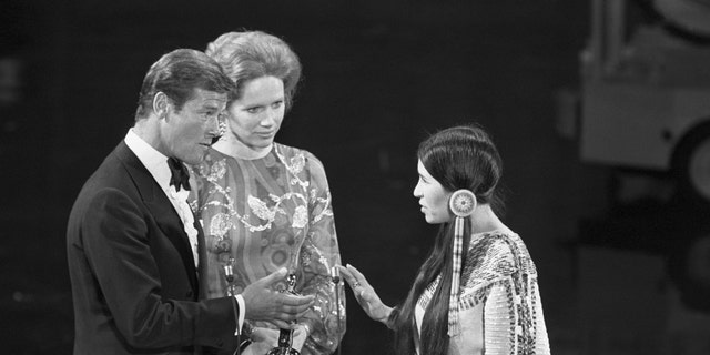 Sacheen Littlefeather is seen here during the exact moment she declined to accept Marlon Brando's Oscar for best actor, not even touching the statue. 