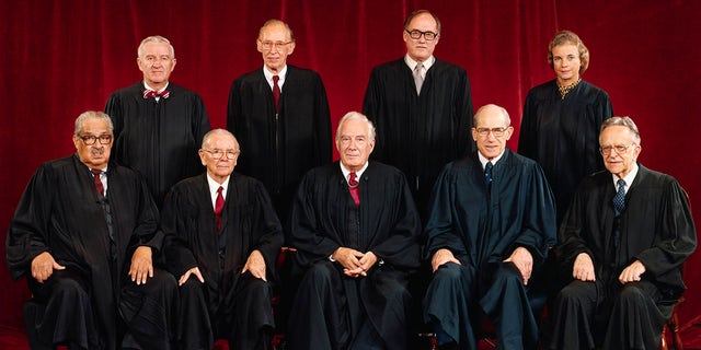 The Supreme Court released this official photograph of the 1982 high court. The justices are — left to right, front row — Thurgood Marshall; William J. Brennan Jr.; Chief Justice Warren Burger; Byron R. White; Harry A. Blackmun. In the back row, left to right, are John Paul Stevens; Lewis F. Powell, Jr.; William H. Rehnquist; and Sandra Day O'Connor.