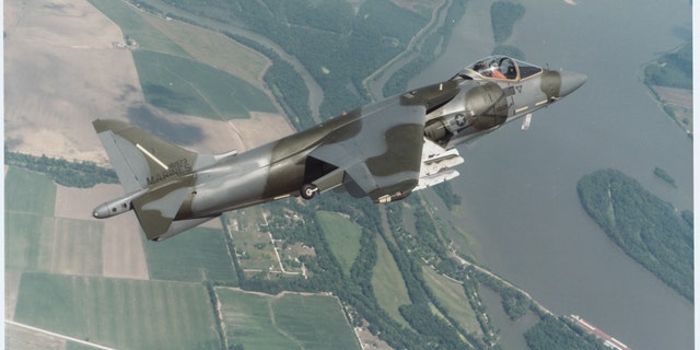 A United States Marine Corps AV-8B Harrier II, aloft in the sky.