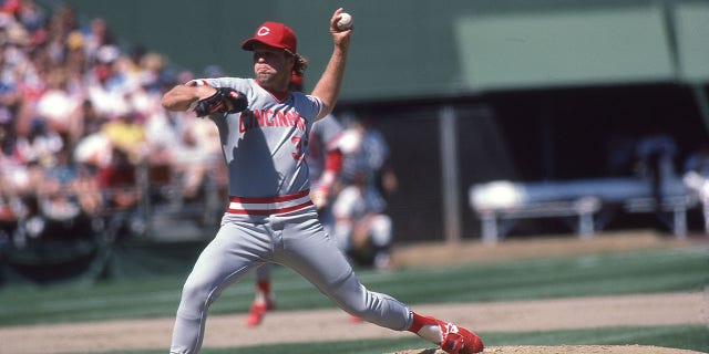 Tom Browning of the Cincinnati Reds pitches against the San Diego Padres at Jack Murphy Stadium in San Diego.  