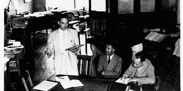 Thurgood Marshall (left), Charles Houston and Donald Gaines Murray prepare a desegregation case against the University of Maryland in 1935.   