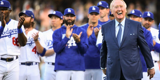 Former Dodger Announcer Vin Scully gives a speech during the Dodgers' Ring of Honor ceremony for Scully before an MLB game between the San Francisco Giants and the Los Angeles Dodgers on May 3, 2017, at Dodger Stadium in Los Angeles.