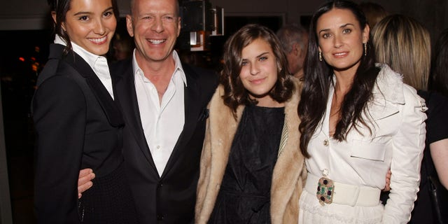 (L-R) Emma Hemming, Bruce Willis, Tallulah Belle Willis, and Demi Moore attend the after party for the screening of "Flawless" hosted by The Cinema Society at the SoHo Grand Hotel March 24, 2008 in New York City. 