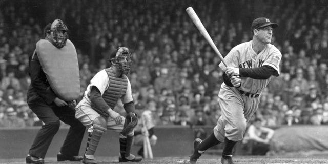 Lou Gehrig, the "Iron Horse," whacks a double into left center in a game at Yankee Stadium in 1938. The baseball legend is among those known to have frequented Palermo's Tavern when the N.Y. Yankees played in St. Louis.