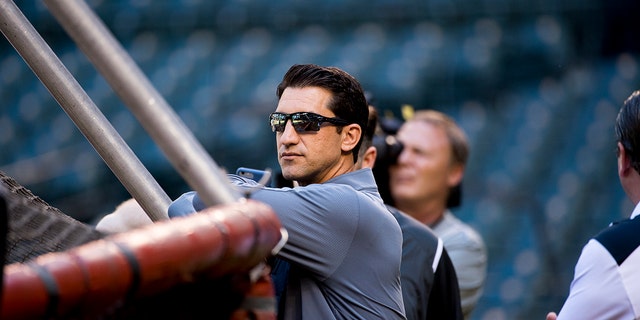 General manager Mike Hazen of the Arizona Diamondbacks watches batting practice during a postseason workout at Chase Field Oct. 2, 2017, in Phoenix, Ariz. 