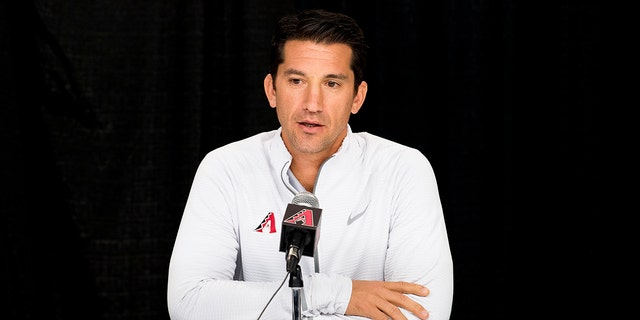 General manager Mike Hazen of the Arizona Diamondbacks addresses the media at Chase Field Oct. 10, 2017, in Phoenix, Ariz. 