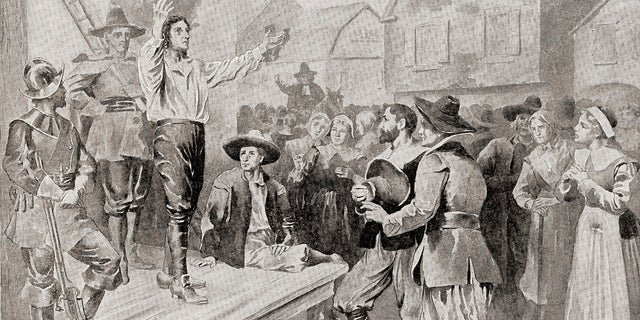 George Burroughs (c.1652 –1690) reciting the Lord's Prayer before his execution at Witches Hill, Salem, Massachusetts, on 19 August 1690, after being accused of witchcraft in the Salem witch trials. From The History of Our Country, published 1899.