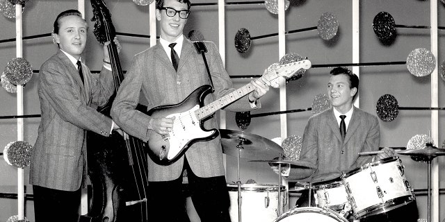 Buddy Holly and The Crickets, from left, Joe B Mauldin, Buddy Holly and Jerry Allison, during the BBC television show "Off The Record."