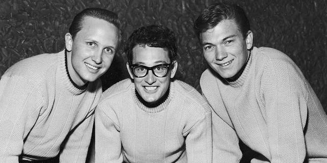 The Crickets, from left, Joe B. Mauldin, Buddy Holly and Jerry Allison, circa March 1958.