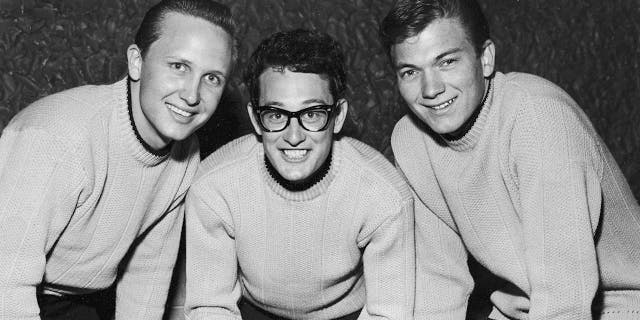 The Crickets, from left, Joe B. Mauldin, Buddy Holly and Jerry Allison, circa March 1958.