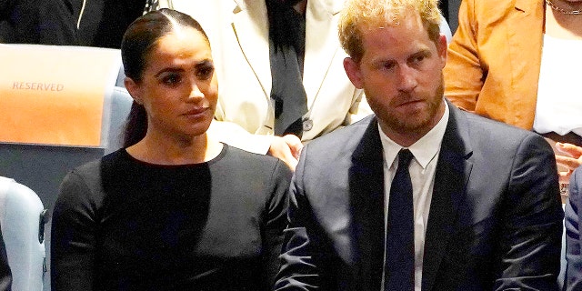 Prince Harry, the Duke of Sussex, and Meghan, Duchess of Sussex, listen to speakers at the General Assembly during Nelson Mandela International Day at the United Nations Headquarters, July 18, 2022, in New York City.