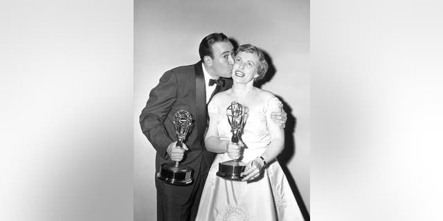 Carl Reiner and Pat Carroll, both winners of best supporting acting Emmys for their work on "Caesar's Hour," at the 9th Annual Primetime Emmy Awards on March 16, 1957, at the Colonial Theatre in New York City.