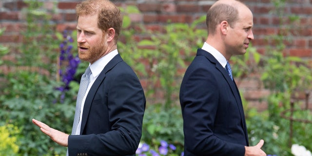 Britain's Prince Harry, Duke of Sussex (L) and Britain's Prince William, Duke of Cambridge attend the unveiling of a statue of their mother, Princess Diana at The Sunken Garden in Kensington Palace, London on July 1, 2021, which would have been her 60th birthday.