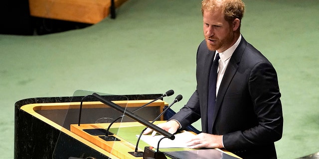Prince Harry, the Duke of Sussex delivers remarks to the General Assembly during the Nelson Mandela International Day at the United Nations Headquarters on July 18, 2022, in New York City.