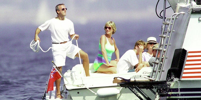 Diana, Princess of Wales, and son Prince William are seen holidaying with Dodi Al Fayed (not pictured) in Saint-Tropez in the summer of 1997, shortly before Diana and Dodi were killed in a car crash in Paris on August 31, 1997.