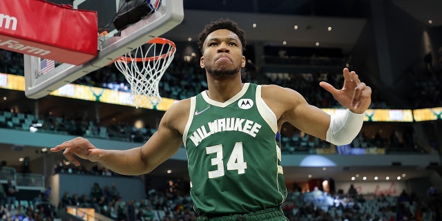 Giannis Antetokounmpo, #34 of the Milwaukee Bucks, walks to the baseline prior to Game Five of the Eastern Conference First Round Playoffs against the Chicago Bulls at Fiserv Forum on April 27, 2022 in Milwaukee.
