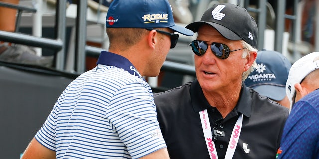 Greg Norman CEO/Commissioner of LIV Golf and Talor Gooch at the first tee during the 3rd round of the LIV Golf Invitational Series Bedminster on July 31, 2022 at Trump National Golf Club in Bedminster, New Jersey.