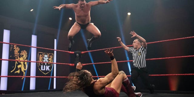 Gunther from the top rope during an NXT UK show.