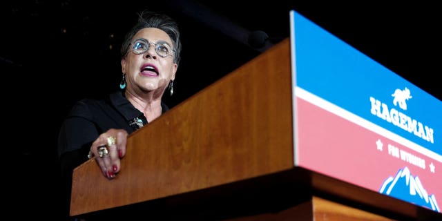 Republican congressional candidate Harriet Hageman speaks during her primary election night party in Cheyenne, Wyoming, Aug. 16, 2022.