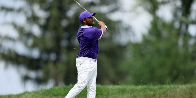 Harold Varner III of the United States plays a second shot on the fifth hole during the final round of the BMW Championship at Wilmington Country Club on August 21, 2022 in Wilmington, Delaware.