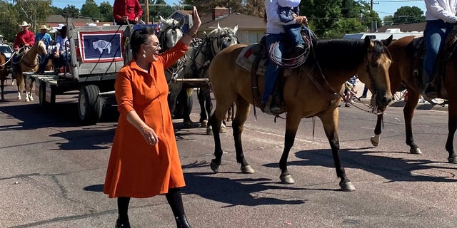 Republican congressional candidate Harriet Hageman campaigns at the Goshen County Fair parade, in Torrington, Wyoming on August 4, 2022