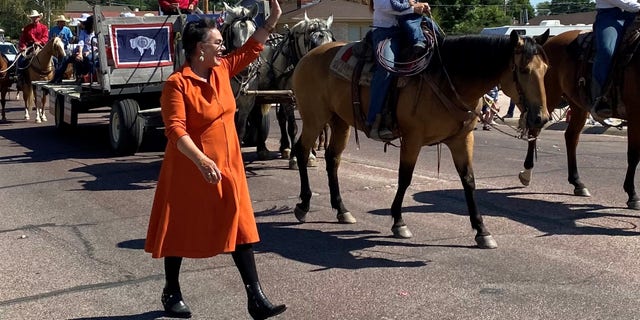 Republican congressional candidate Harriet Hageman campaigns at the Goshen County Fair parade, in Torrington, Wyoming on August 4, 2022