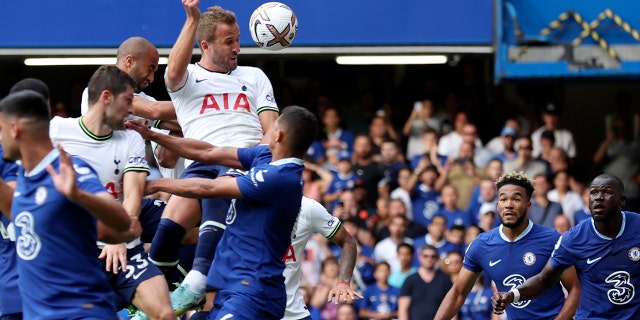 Tottenham's Harry Kane scores his side's second goal against Chelsea, Sunday, Aug. 14, 2022.