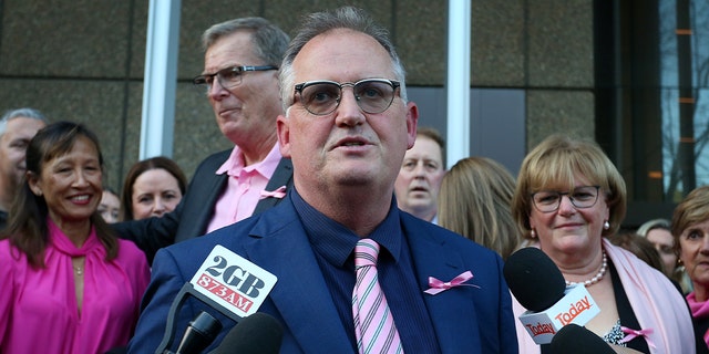 Hedley Thomas speaks to the media at the NSW Supreme Court on August 30, 2022 in Sydney, Australia.  Former Newtown Jets rugby league player Chris Dawson was found guilty of killing his first wife, Lynette, more than 30 years ago in January 1982, in a trial popularized by the podcast. "The teacher's pet."
