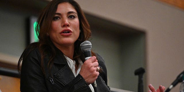 Hope Solo speaks during 