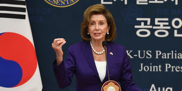 House Speaker Nancy Pelosi attends a joint press announcement after meeting with South Korean National Assembly Speaker Kim Jin Pyo at the National Assembly in Seoul, Thursday, Dec. August 2022.