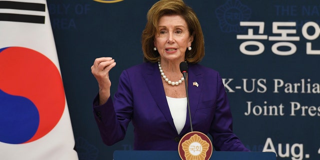 House Speaker Nancy Pelosi attends a joint press announcement after meeting with South Korean National Assembly Speaker Kim Jin Pyo at the National Assembly in Seoul, Thursday, Dec. August 2022.
