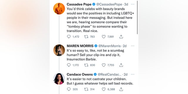 Candace Owens took to Twitter, responding to the tweets from both Cassadee Pope and Marren Morris.