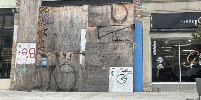 A boarded-up business in Kenosha, Wisconsin. 