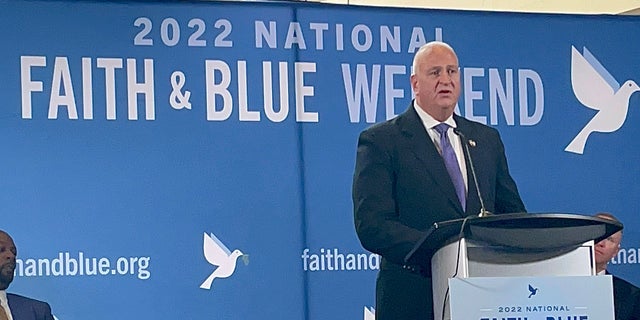 Patrick Yoes, National President of the Fraternal Order of Police, speaks to a crowd in Washington, D.C., on August 8, 2022