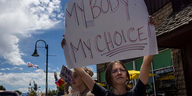 A group protests the Supreme Court's decision in the Dobbs v Jackson Women's Health case on July 2, 2022, in Driggs, Idaho.