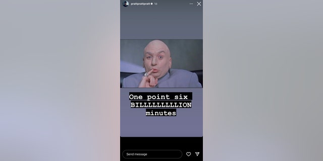Chris Pratt shared to his Instagram story a picture of Dr. Evil from the "Austin Powers" franchise, saying "One point six BILLLLLLLLLION minutes," referencing the amount of time people had viewed his show for on Amazon.