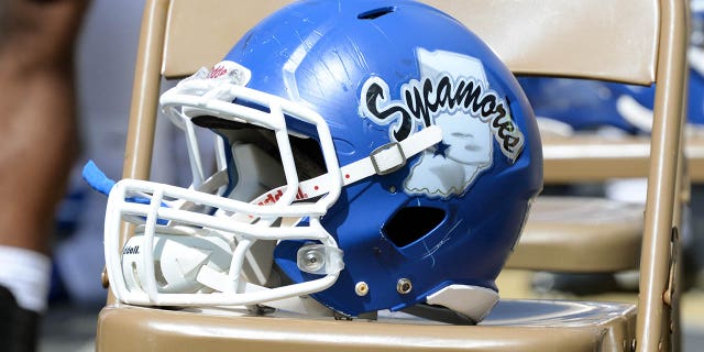 An Indiana State University Sycamore helmet rests on a chair at Ross Aid Stadium on the campus of Purdue University in West Lafayette, Indiana.