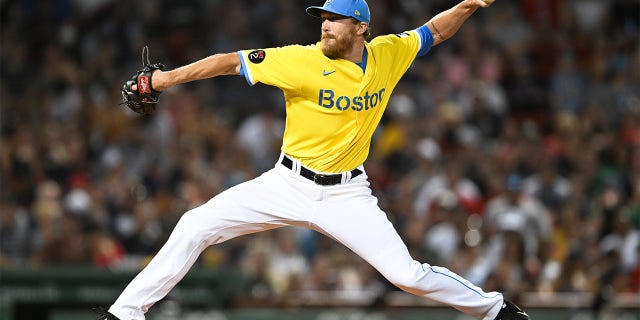 Jake Diekman #31 of the Boston Red Sox pitches in the sixth inning against the Cleveland Guardians at Fenway Park on July 28, 2022 in Boston, Massachusetts.