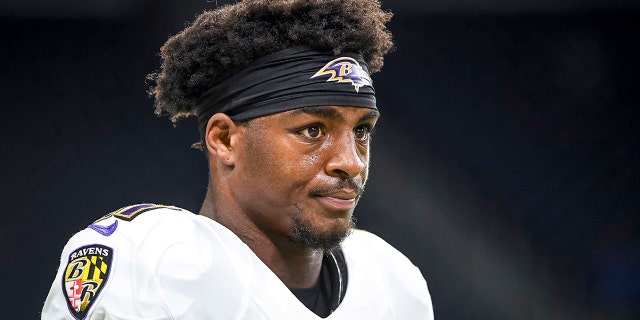 James Proche, #11 of the Baltimore Ravens, looks on against the Detroit Lions during warmups at Ford Field on September 26, 2021 in Detroit.