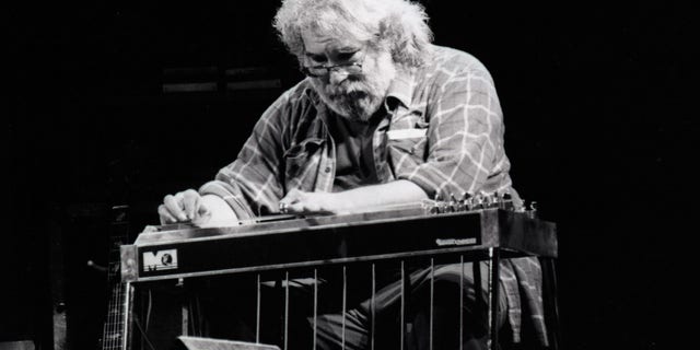 Jerry Garcia plays pedal steel guitar with The Grateful Dead at Oakland Coliseum on July 24, 1987.
