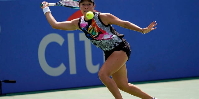 Jessica Pegula, of the United States, returns a shot during a match against Daria Saville, of Australia, at the Citi Open tennis tournament in Washington, Wednesday, Aug. 3, 2022.