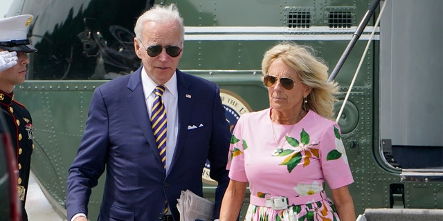 President Biden and first lady Jill Biden exit Marine One at Charleston Executive Airport in South Carolina on Aug. 10.