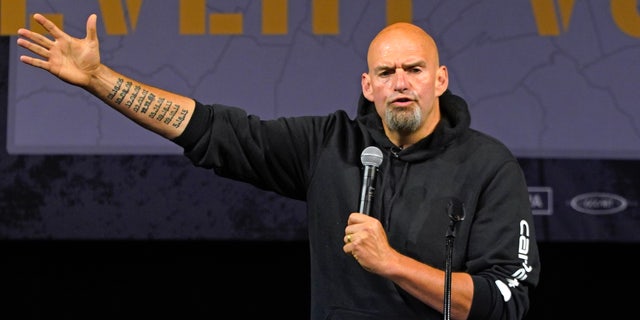Lieutenant Governor John Fetterman, the Democratic nominee for the Senate of Pennsylvania, speaks at a rally in Erie, Pennsylvania, Friday, Aug. 12, 2022.