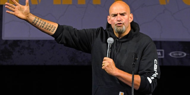 Pennsylvania Lt. Gov. John Fetterman, the Democratic nominee for the state's U.S. Senate seat, speaks during a rally in Erie, Pa., on Friday, Aug. 12, 2022. 