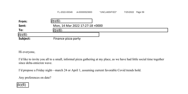 About the FOIAed email from the office of US Climate Envoy John Kerry "financial pizza party" Both sender and recipient names and emails have been redacted.  (Screenshot of document courtesy of Protect the Public's Trust)