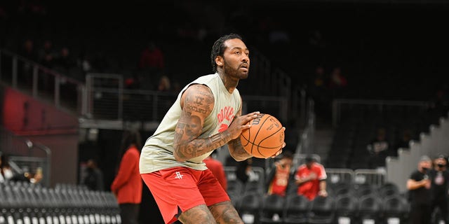 John Wall of the Houston Rockets warms up before the game against the Atlanta Hawks at State Farm Arena on December 13, 2021 in Atlanta.