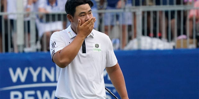 Joohyang Kim of South Korea reacts after winning the Wyndham Championship golf tournament on Sunday, June 7, 2022, in Greensboro, NC.